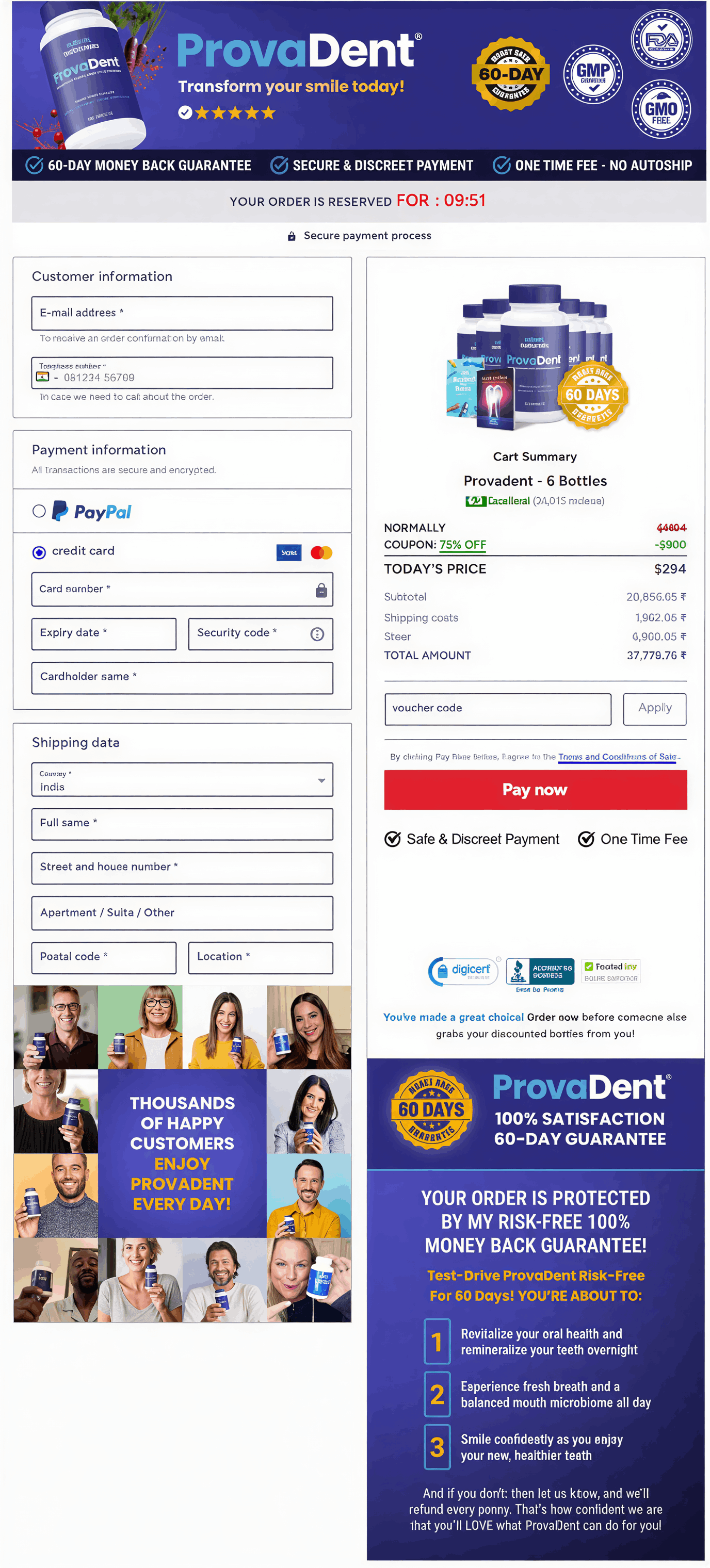Provadent Checkout page